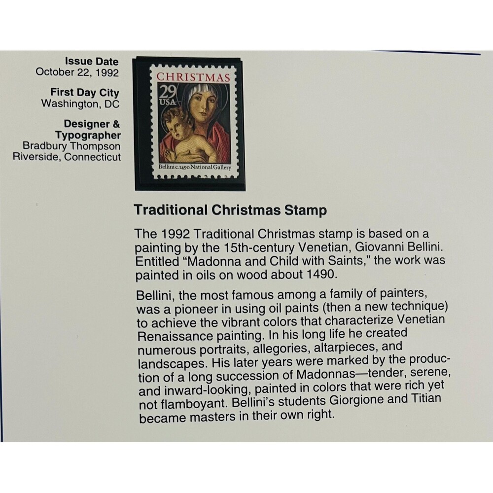 Vintage First Issue 1992 Traditional Christmas 29c US Postal Stamp Philately - Picture 2 of 2